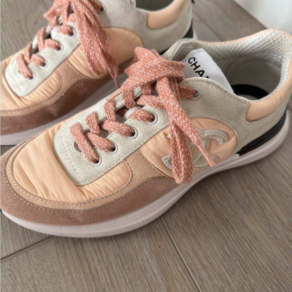 Chanel Women's Peach and Cream Sneakers - comes w/ box, dust bags, extra laces